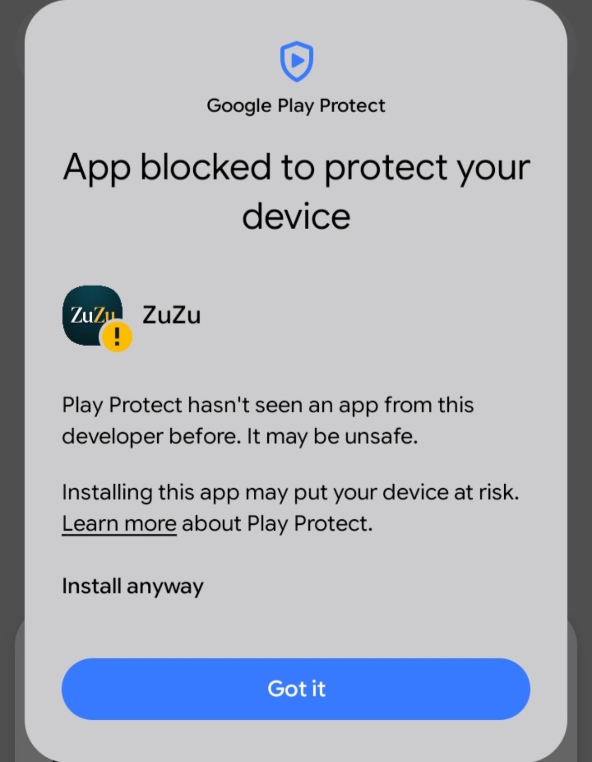 Expanded Google Play Protect warning showing the Install anyway option