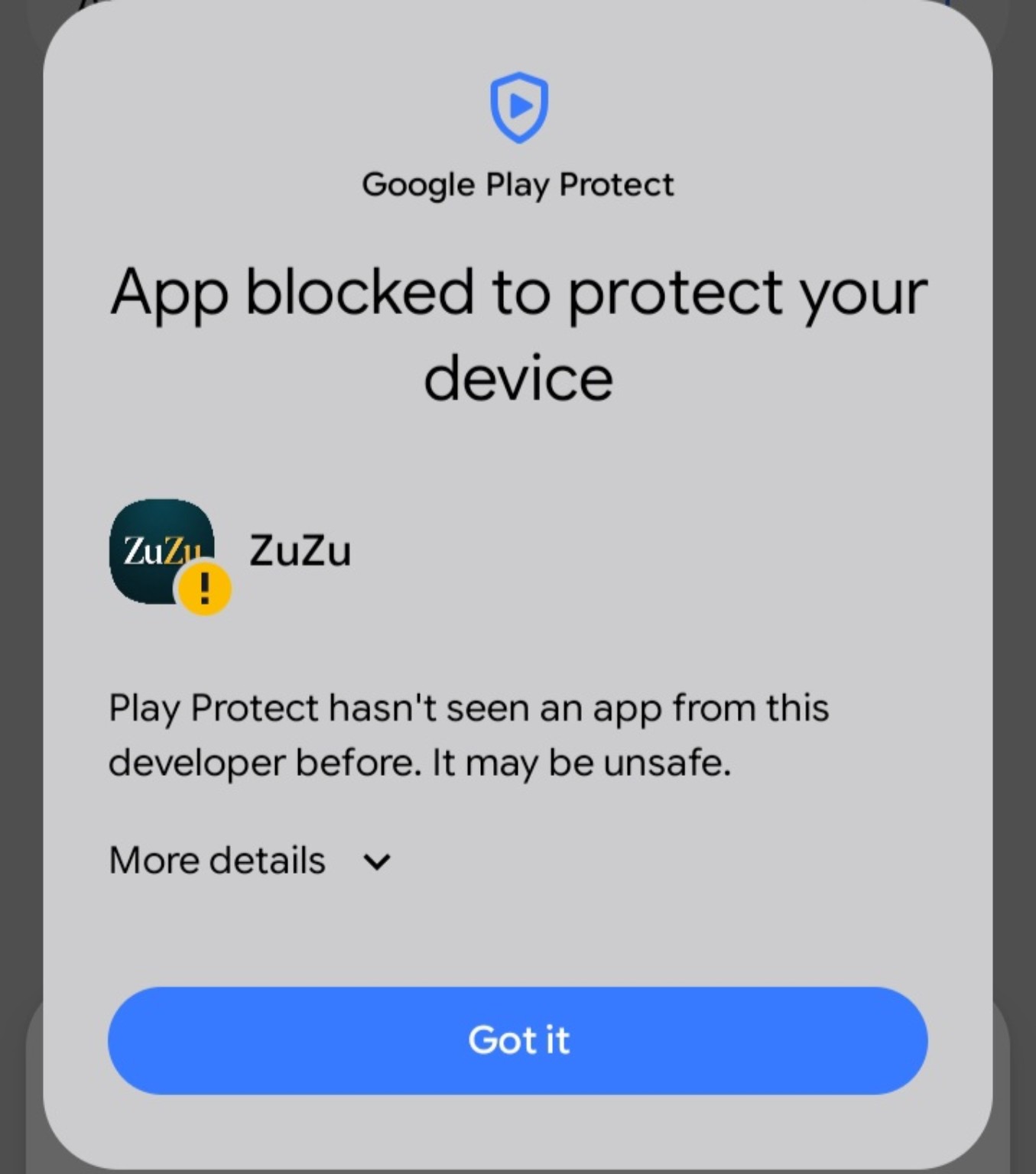 Google Play Protect screen saying App blocked to protect your device and that Play Protect has not seen an app from this developer before